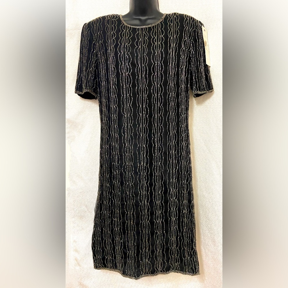 NWT Vintage 1980s J.M.C. Black Silk Hand-Beaded Cocktail Dress – Size L